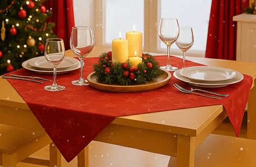 KAMACA Lotus Effekt Tischdecke Magic Stars mit Sternen Motiv - Fleckschutz Flüssigkeiten perlen einfach ab farb- & formstabil stilvoller Glanz für Advent & Weihnachten (Mitteldecke 85x85 cm, Rot)