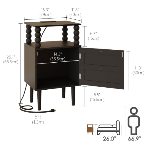 Image of Black Nightstand with Outlet,Storage Drawer and Open Wood Shelf,Wood Legs | Mid-Century Modern Bedside Table for Bedroom and Small Spaces,Easy Assembly Solid Wood Legs