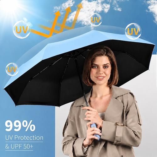 Image of AYSIS UV Umbrella with Novelty Clip Handle, Travel Umbrellas for Rain and Sun Windproof Compact, Automatic Open Close, 8 Ribs, Portable Umbrella for Men and Women