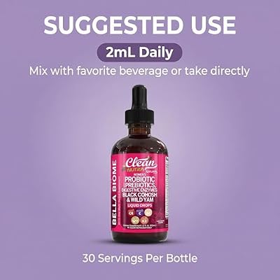 Liquid Probiotics for Women Drops with Chasteberry, Black Cohosh, Prebiotics, Digestive Enzymes, Evening Primrose Oil, Wild Yam, Cranberry Dmannose and Iron Vitamin D3 K2 Clean Nutra Bella Biotics