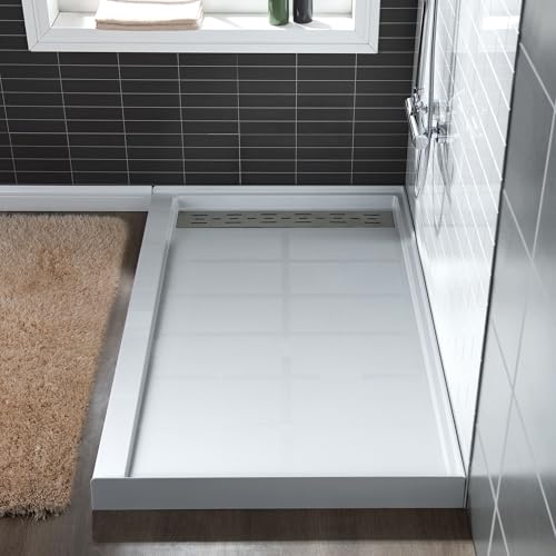 WOODBRIDGE 60"L x 34" W x 4"H Shower Base,Right Drain,Non-Slip Single Threshold Shower Pan, Solid Surface with Brushed Nickel Linear Drain Cover