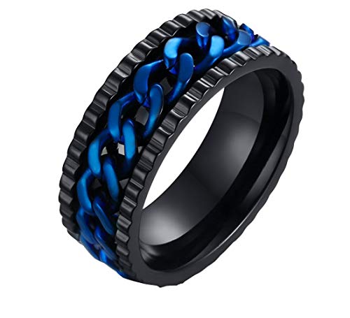 Oakky Men's Stainless Steel 8MM Width Grooved Edge Gothic Biker Center Spinner Simple Link Chain Ring Tire Texture Intertwine Blue Size 10