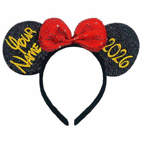 Printualist Custom Mouse Ears for Family Theme Park Trips, Personalized Amusement Park Vacation Gifts, Black Sequin Headbands with Red Sequin Bow