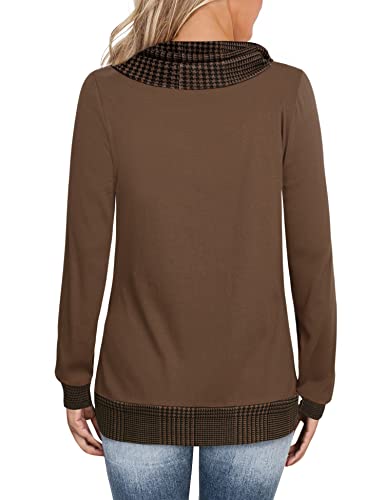 Youtalia Lightweight Knit Pullover Sweatshirts, Ladies Tops For Leggings Warm Cowl Neck Shirt Color Block Tunic Top Button Side Tunic Sweatshirt Flattering Winter Blouse Shirt Coffee Medium #TOP2
