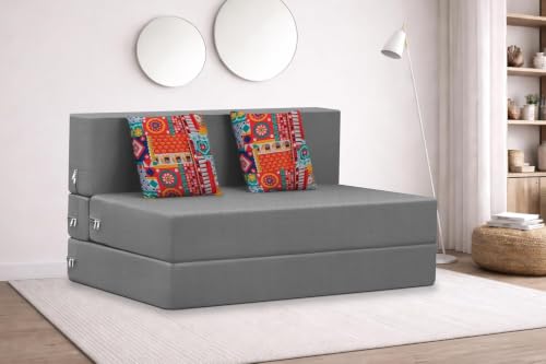Image of Rosebell Two Seater Foldable Sofa Cum Bed (4x6 Feet) Jute Fabric, Washable Removable Cover, Includes 2 Cushion | Space Saving Sofa Bed for Home, Office & Guests - Grey