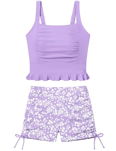 Image of Girls Swimsuit Two Piece Bathing Suit Ruffle Trim Swimsuits for Girls Tankini with Drawstring Shorts Swimwear 9-18Y