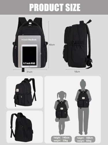 FIORETTO schulrucksack Teenager Mädchen Damen Schulranzen Schultasche School Bag Rucksack Schule 14\ Laptopfach, Wasserabweisend & Leicht Schwarz