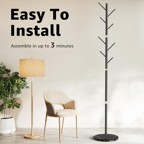 HzTinT Coat Rack with Natural Marble Base, Metal Freestanding Coat Rack with 8 Hooks, 3 Adjustable Size Sturdy Coat Tree for Bags, Coats, and Hats for Entryway, Hallway, Bedroom, Office, Black by HzTinT - Image 7
