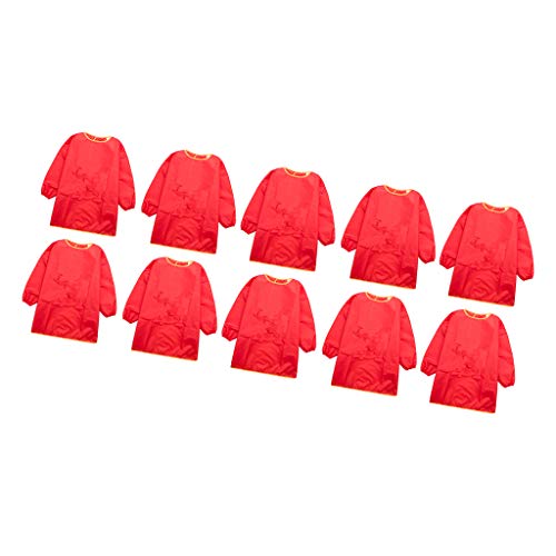 FLAMEER 10Pcs Kids Art Smocks Children Waterproof Artist Painting Aprons Long Sleeve Children Smocks Kids Playing Eating Drawing Aprons Red