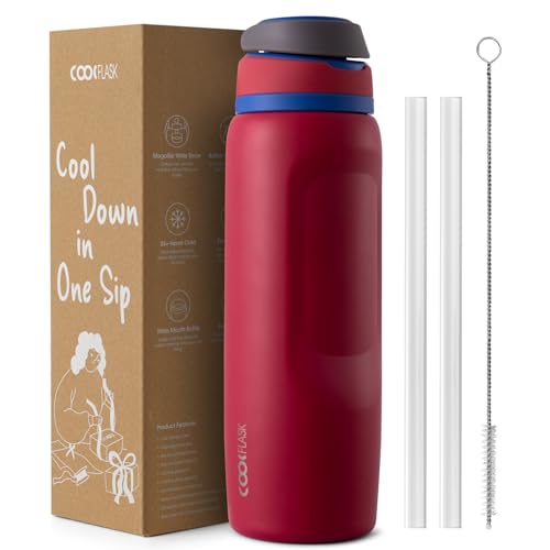Image of Coolflask MegaSip Stainless Steel Water Bottles 40 oz with Straw, Insulated Water Bottle Leak-Proof, 24+ Hours Cold, BPA-Free Dishwasher Safe, Water Flask for Sports Gym Work Office, Crimson Cobalt