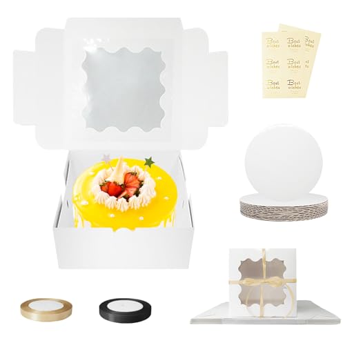 Huntone Lot de 10 boîtes à gâteau de 20 x 20 x 10 cm avec planche à gâteau et 2 rouleaux de ruban de satin noir et doré pour gâteaux - 12 feuilles d'autocollants - Boîte à gâteau blanche avec fenêtre
