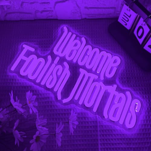 Image of Welcome Foolish Mortals Neon Sign,Dimmable Spooky Gothic Purple Haunted Mansion Coffin LED Neon Signs for Wall Decor,USB Powered Led Neon Light for Haunted House Man Cave Halloween Party Birthday Gifts