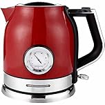FairUo Kettles, Stainless Steel, Fast Boiling, Automatic Shut-Off and Dry Boil Protection, 1.8L Cordless Tea Kettle with Led Light, Water and Temperature Gauge/Red/18 * 25 * 23Cm