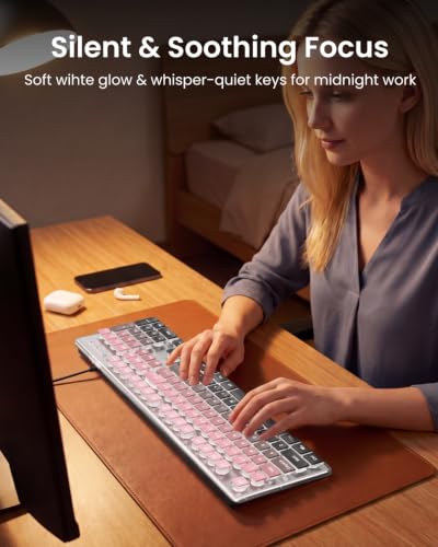 Wired Backlit Keyboard with Pudding Keycaps, Quiet Full Size Computer Keyboard White Backlight Easy-to-Read, Never Fade, Metal Panel, USB Cute Desk Setup for Windows PC Desktop, Pink-Black Ombré - Image 5
