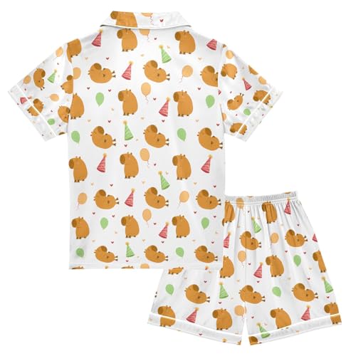 senya Birthday Cat Cute Capybara Satin Summer Pajama Sets Silk Short Sleeve Button Down Sleepwear2