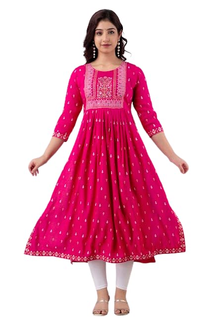 Image of Jai Shree Fab Women's Rayon Round Neck 3 /4 Sleeve Printed Kurti with Side Slit Pattern