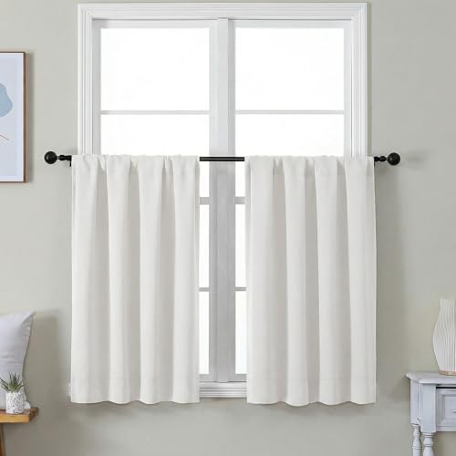 Image of Simplebrand Ava Ivory Short 36 Inches Light Filtering Curtain 2 Panels Set, Half Window Rod Pocket Privacy Curtain Tiers for Kitchen, Curtains Light Filtering for Bathroom, W40 x L36 Inch, Ivory