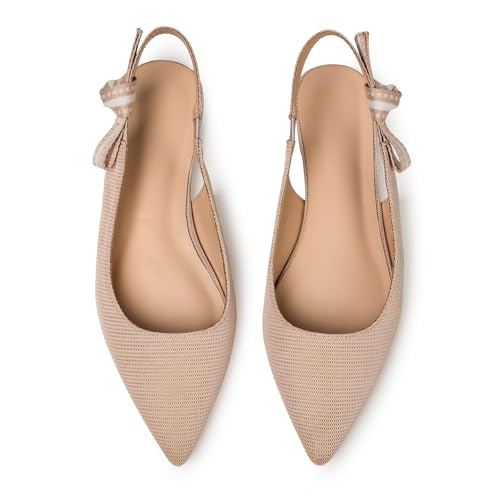 Mattiventon Slingback Flats for Women Slip On Ballet Flats Shoes Comfortable Pointed Toe Knit Flats with Bow Casual Work Office Shoes for 2025 Apricot3