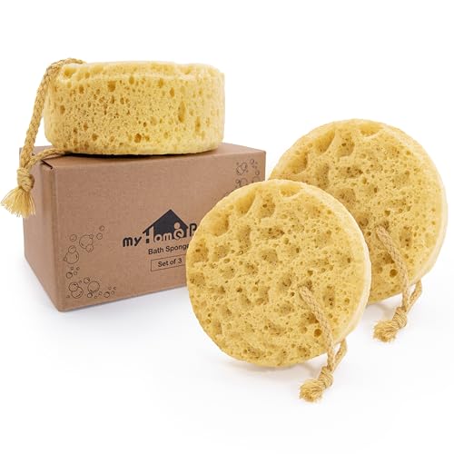 myHomeBody Bath Sponge, Foam Loofah, Body Scrubber for Bathing, Exfoliating Shower Pouf for Shower - Large Size, Lots of Lather, Round, 3 Pack