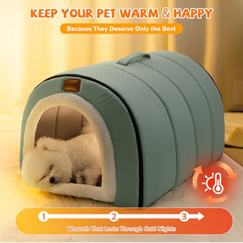 ALLSOPETS Hundehöhle Selbstwärmendes 2-in-1 Faltbares Katzenbett für Katzen und Kleine bis Mittelgroße Hunde, Katzen Iglu Haus Haustierzelt mit Dachhaube und Tragegriffen (Salbeigrün, XXL)