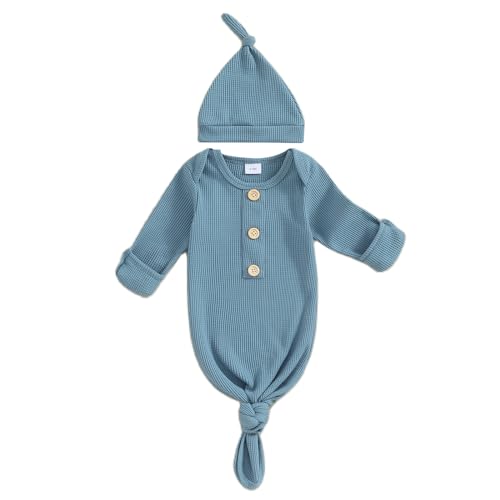 Image of BULINGNA Newborn Baby Boys Girls Knotted Gown with Hat Set, Unisex Infant Nightgown with Mittens Sleepwear One Piece Pajamas