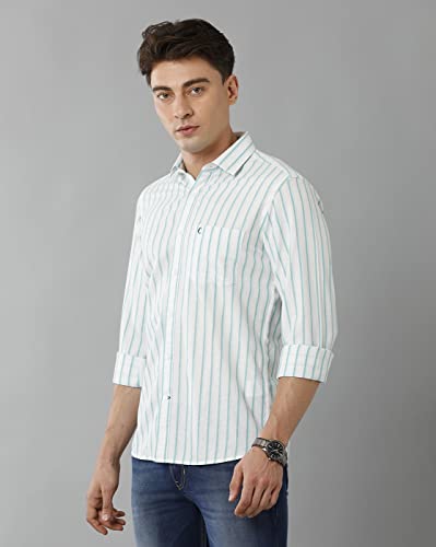Image of Cavallo by Linen Club Men's Cotton Linen Green Striped Slim Fit Full Sleeve Casual Shirt