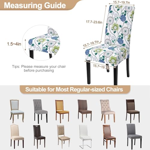 Image of SearchI Printed Dining Room Chair Covers Set of 4, Stretch Kitchen Chair Covers Washable Parsons Chair Slipcover Removable Dining Chair Protectors for Hotel,Ceremony(Green Flowers)
