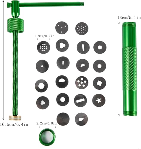 Image of Professional 35 Pcs Clay Extruder Tool Kit, Stainless Steel Fondant & Sugar Paste Extruder with 20 Pattern Discs, Ball Stylus Tools & Plastic Scrapers for Cake Decorating (Green)