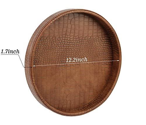 HofferRuffer Faux Leather Round Serving Tray, Vegan Croco Leather Decorative Food Tray for Storage Drinks, Snack & Cosmetics, Dia.12'' x 1.6'' (Antique Brown)
