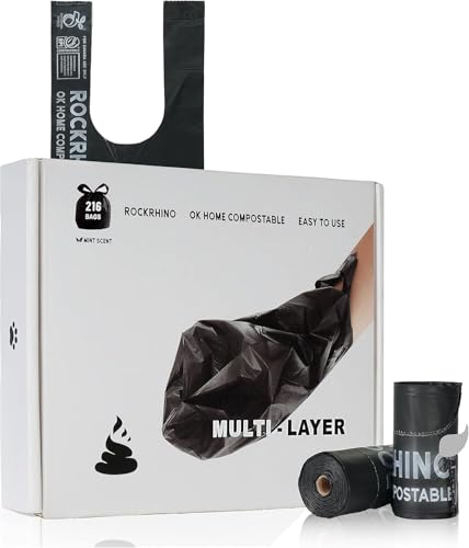 Ultra Thick RockRhino Dog Poop Bags - ECO Heavy Duty, Multi-Layer Bottom, 0% Plastic, 100% Home Compostable, Mint-Scented, Easy Open Tie Handles, Glove-Like Fit - 216 Bags