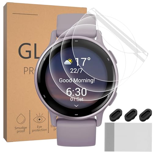 Vancle 3 Piezas Protector Pantalla para Garmin Vivoactive 5 / Vivoactive 6, con 3 Tapones Antipolvo de Silicona, Película Protectora HD Resistente a Arañazos