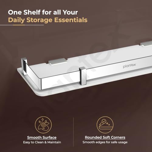 Image of Plantex Wall Shelf for Bathroom Storage /Acrylic Washroom Shelf Organizer with Stainless Steel Railings /Bathroom Accessories (White, 15x6 inches)