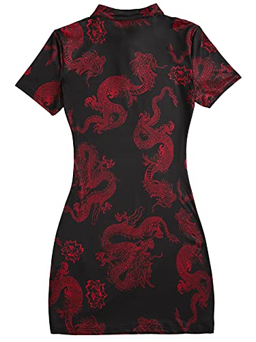 Soly Hux Women's Chinese Cheongsam Dragon Print Qipao Mini Bodycon Dress Black Red M #TOP1