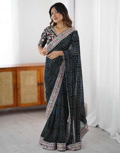Image of SIRIL Women's Georgette Bandhani Printed Saree with Unstitched Blouse Piece