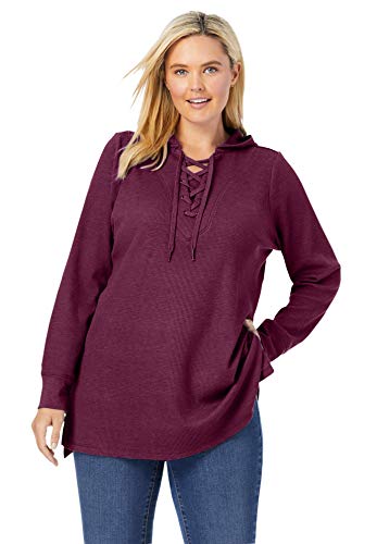 Woman Within Women's Plus Size Washed Thermal Waffle Lace-Up Hooded Sweatshirt - 26/28, Deep Claret Purple #TOP21