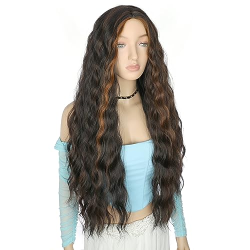 PORSMEER Long Wavy Black & Brown Wigs for Women, Middle Part, Fluffy Curly Wigs, Natural Looking, Synthetic - Image 2