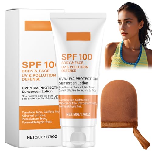 Protector solar Lsf 100, protector solar 100 LSF, con 1 guante aplicador, con protección UVA/UVB, no grasa, calmante e hidratante, antienvejecimiento, adecuado para todos los tipos de piel