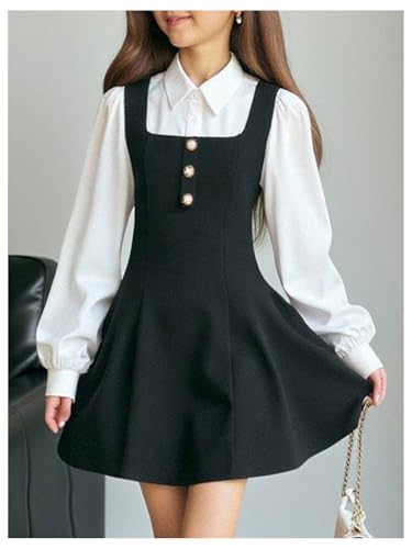 Floerns Girl's Long Sleeve A Line Dress 2 in 1 Collared Button Up Flared Short Dresses4