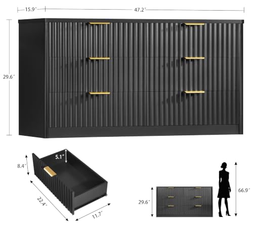 Image of TEENFON Fluted 6 Drawer Dresser for Bedroom, Wide Modern Chest of Drawers with Metal Handle, Curved Profile Design, Wood Closet Clothes Storage Organizer for Bedroom, Living Room, Hallway, Black