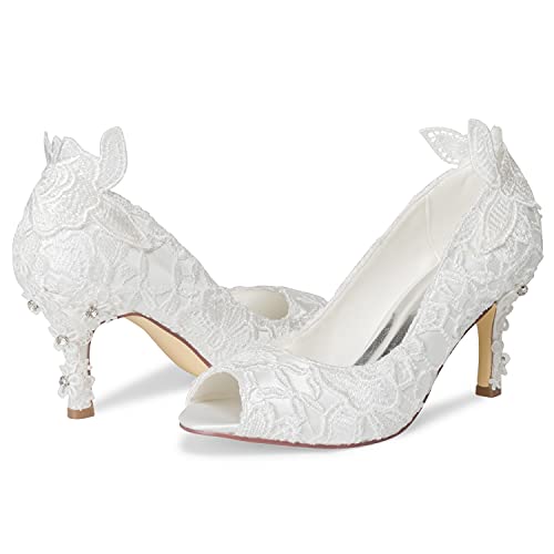 JIAJIA A31B64 Women's Bridal Shoes Peep Toe 3.14" Stiletto Heel Lace Satin Pumps Rhinestone Wedding Shoes4