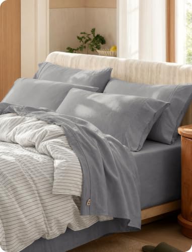 Image of Bedsure PureWoven 100% Washed Cotton Sheets Queen, Linen-Like Feel, 6PCS
