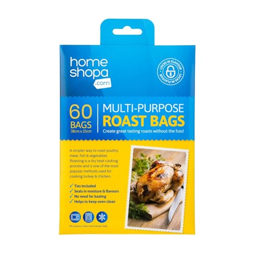 Homeshopa Roasting Cooking Bags with Clips, 60 Piece Turkey Chicken Oven Bag for Meat Poultry Fish Ham Seafood Vegetable Chicken Oven Cooking Bags, Oven & Microwave Safe, Transparent, 38 x 25 cm