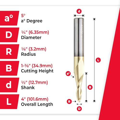 Image of Amana Tool Up Cut Spiral CNC Router Bits for 2D /3D Carving, ZrN Coated, 46285, 5 Deg Tapered Angle Ball Tip 1 /4 D x 1 /8 R x 1-3 /8 x 1 /2 Shank x 2 Fl