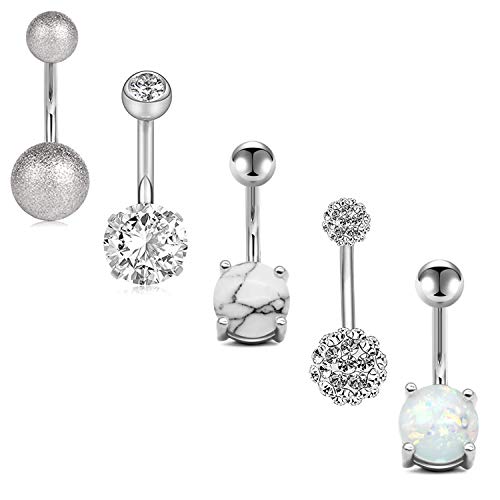 Czy accessories 14G Stainless Steel Belly Button Rings Marble Stone for Women Girls Natutal Mixed Stone Navel Rings Body Piercing Jewelry (C:5 Pairs,Silver)