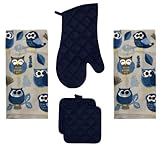 Owl Kitchen Towels Set with 2 Kitchen Towels, 1 Navy Blue Oven Mitt and 2 Navy Blue Pot Holders