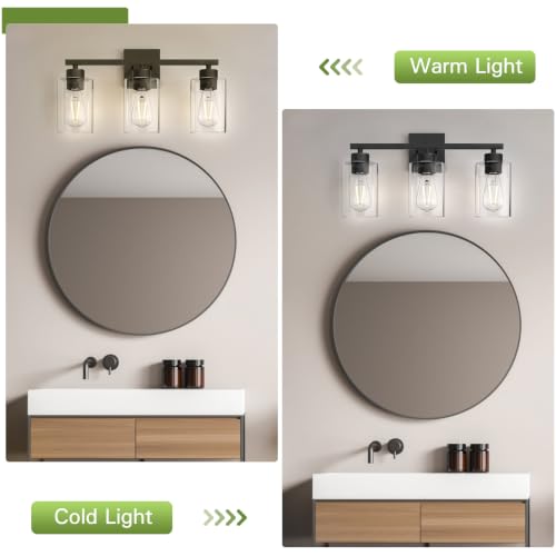 Image of Matte Black Bathroom Vanity Light, 3-Light Vanity Lighting fixtures Over Mirror, Round Design & UL Certification, Wall Sconces with Clear Glass Shades, E26 Socket (Bulbs Not Included)