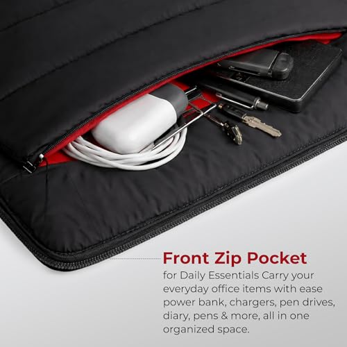 Image of MegaStro Laptop Sleeve (Fluffy) with 10 Year Warranty | Soft Puff Padding, Water Resistant, Zipper Closure | Compatible with MacBook, Lenovo, Dell, HP, Acer & Asus (Black /Red, 13 Inch)