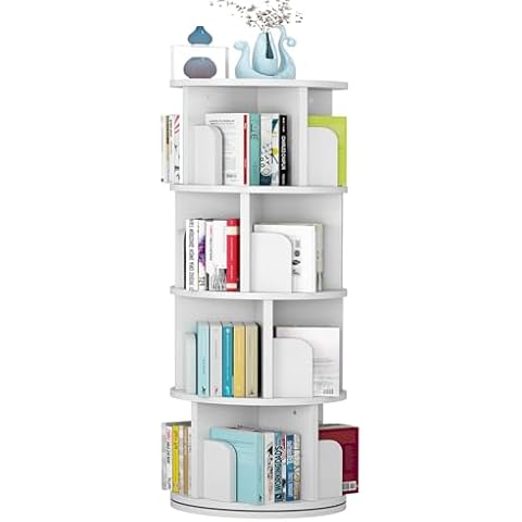 JoanKaren Rotating Bookshelf 51.2", White Wood Bookcase for Kids and Adults, 360 Display 4 Tier Small Corner Book Shelf Organizer, Floor Standing Storage Rack for Bedroom, Living Room, White Cover