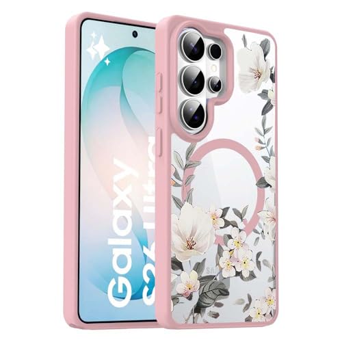 Image of VONZEE Compatible with Samsung Galaxy S26 Ultra 5G Case Luxury Retro Flowers Floral Clear for Magnetic Wireless Charging Case Shockproof PC+TPU Cute Glossy Shiny Cover for Girls Women, Pink