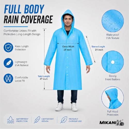 Image of MIKANIX Waterproof Hooded Raincoat for Men & Women | Full Length Reusable PVC Rain Wear | Lightweight Windproof Rain Jacket with Front Button Closure (Pack of 1)
